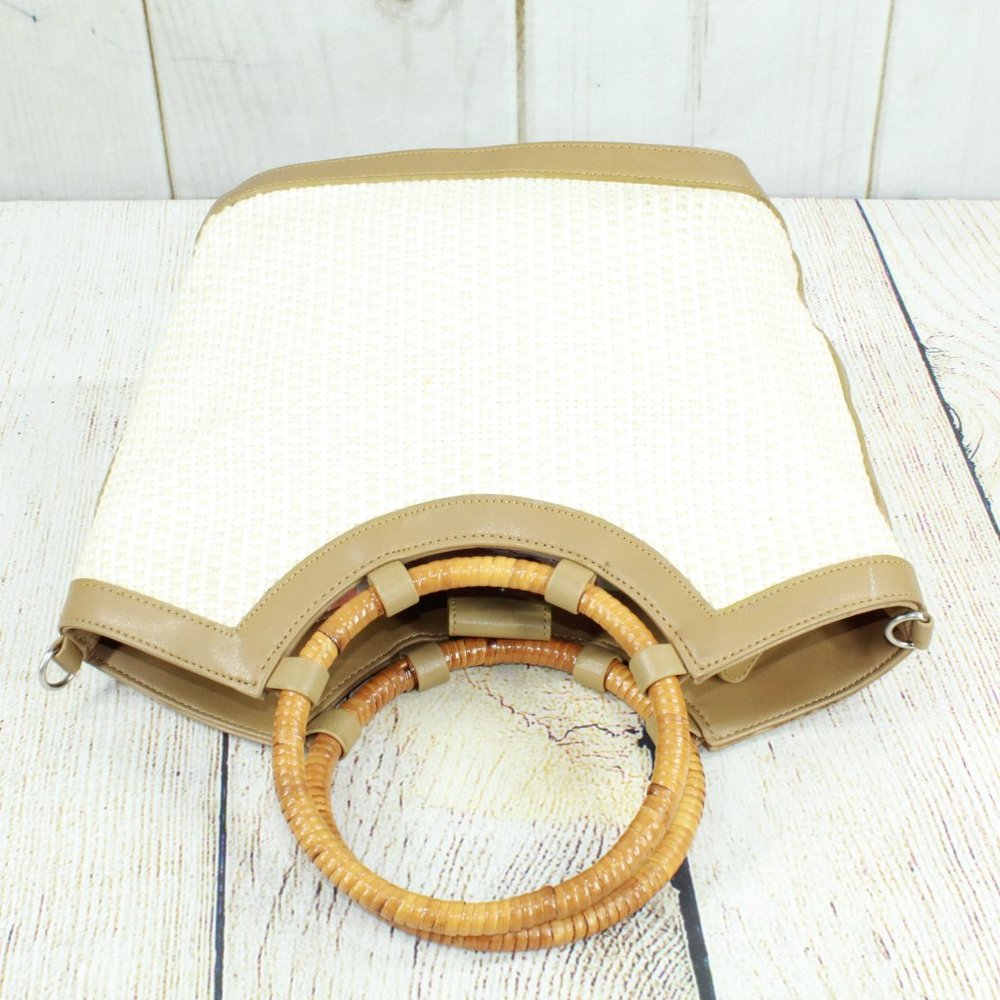 Fossil White Basket Weave Wood Round Handle Leather Trim Satchel Tote Bag Purse - Picture 6 of 10